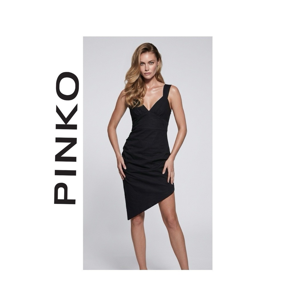 PINKO Zita Dress Black Linen Blend Fitted‎ Asymmetrical NWT $395